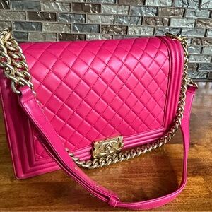 CHANEL Boy Bag Fuchsia Quilted Shoulder Bag with Gold Chain